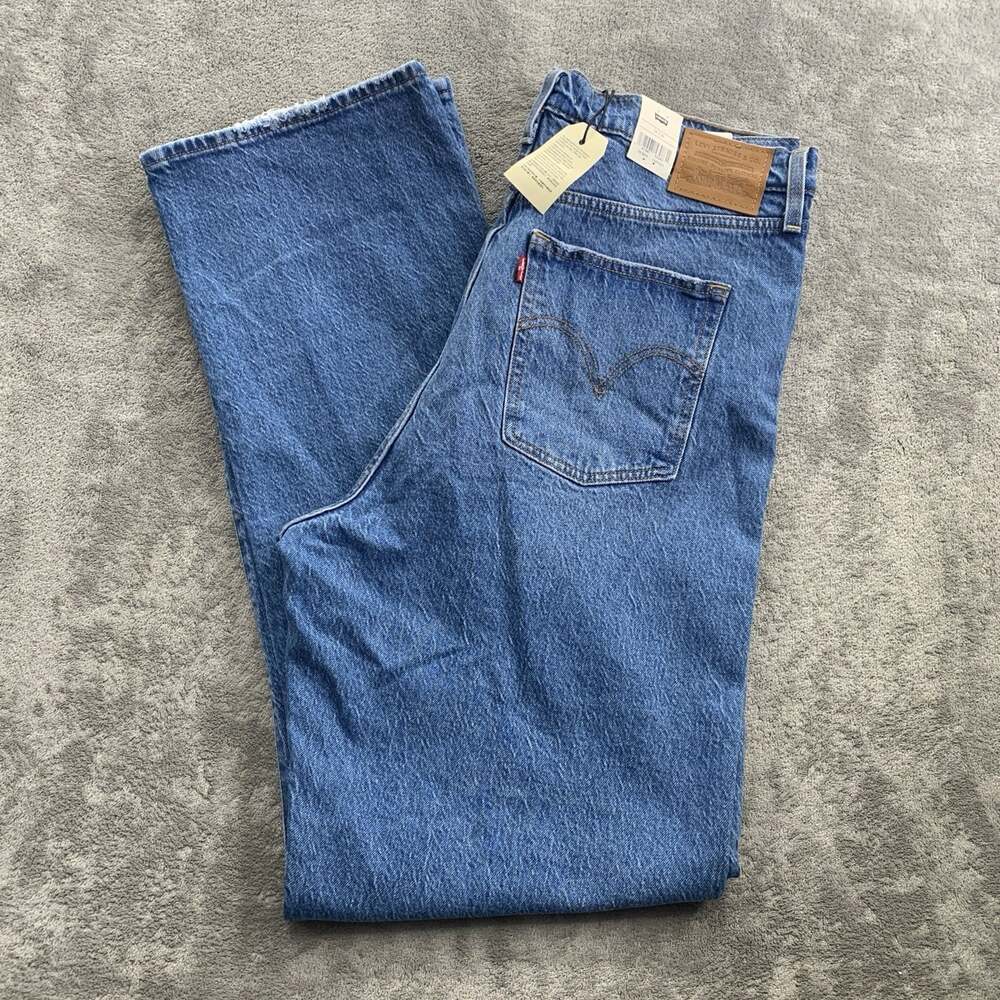 Levi's Premium Ribcage Straight Jeans Womens 34x34 Super High Rise Blue Denim